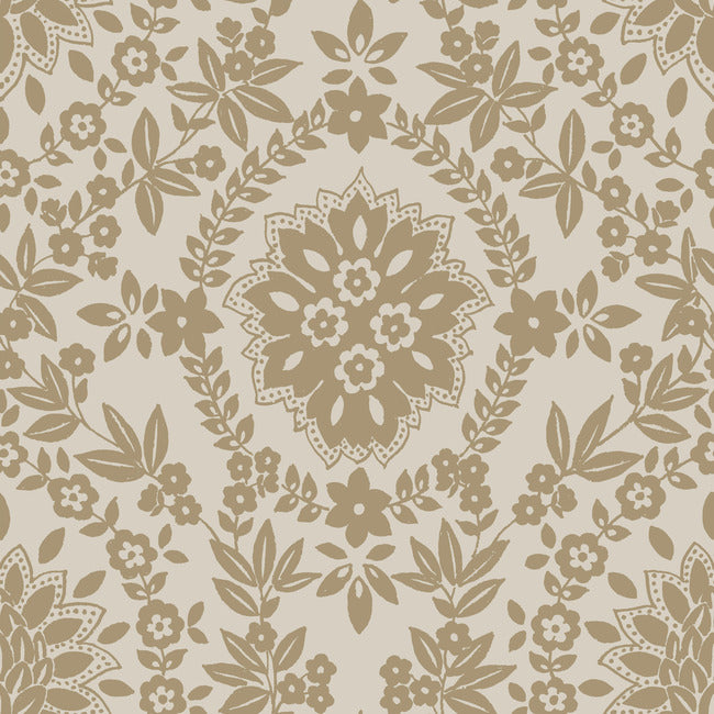 Boho Baroque Damask Peel & Stick Wallpaper Peel and Stick Wallpaper RoomMates Roll Taupe & Gold 