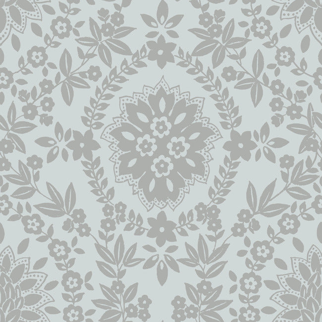 Boho Baroque Damask Peel & Stick Wallpaper Peel and Stick Wallpaper RoomMates Roll Blue & Silver 