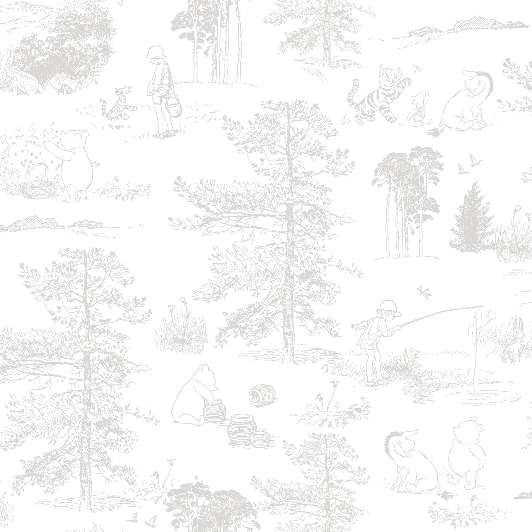 Winnie The Pooh Toile Peel & Stick Wallpaper Peel and Stick Wallpaper RoomMates Roll Grey 