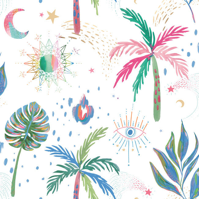 EttaVee Nuit Tropicale Peel & Stick Wallpaper Peel and Stick Wallpaper RoomMates Roll White Multi 