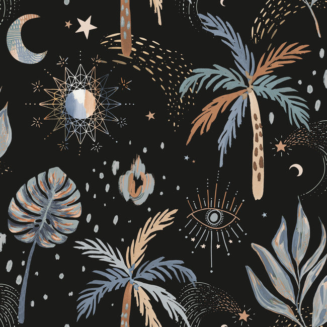 EttaVee Nuit Tropicale Peel & Stick Wallpaper Peel and Stick Wallpaper RoomMates Roll Black 