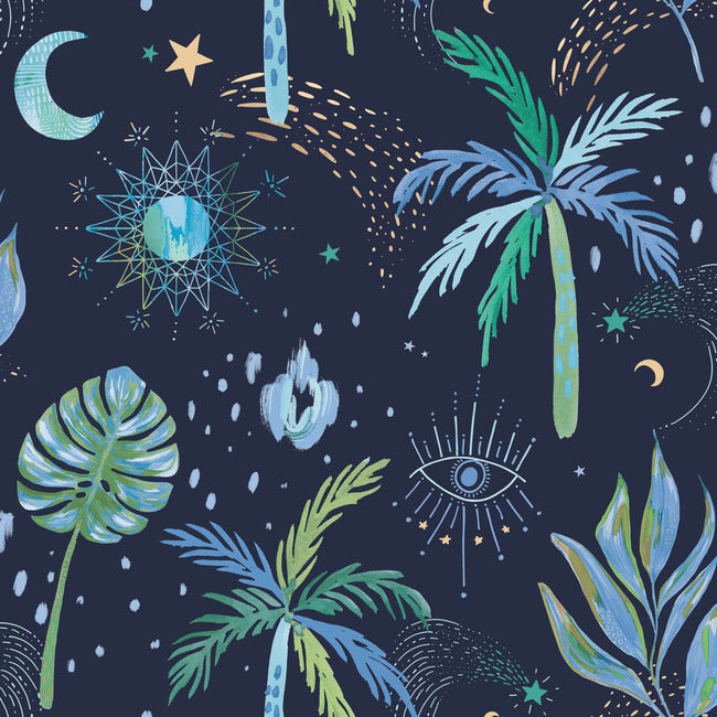 EttaVee Nuit Tropicale Peel & Stick Wallpaper Peel and Stick Wallpaper RoomMates Roll Blue 