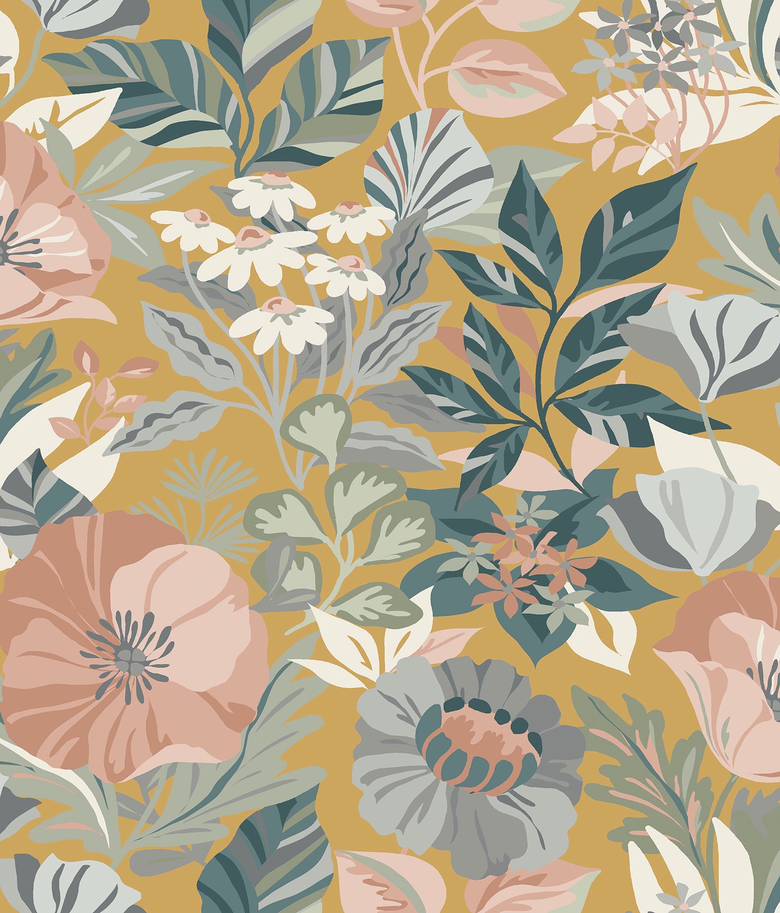 Poppy Fields Peel and Stick Wallpaper Peel and Stick Wallpaper RoomMates Roll Mustard 