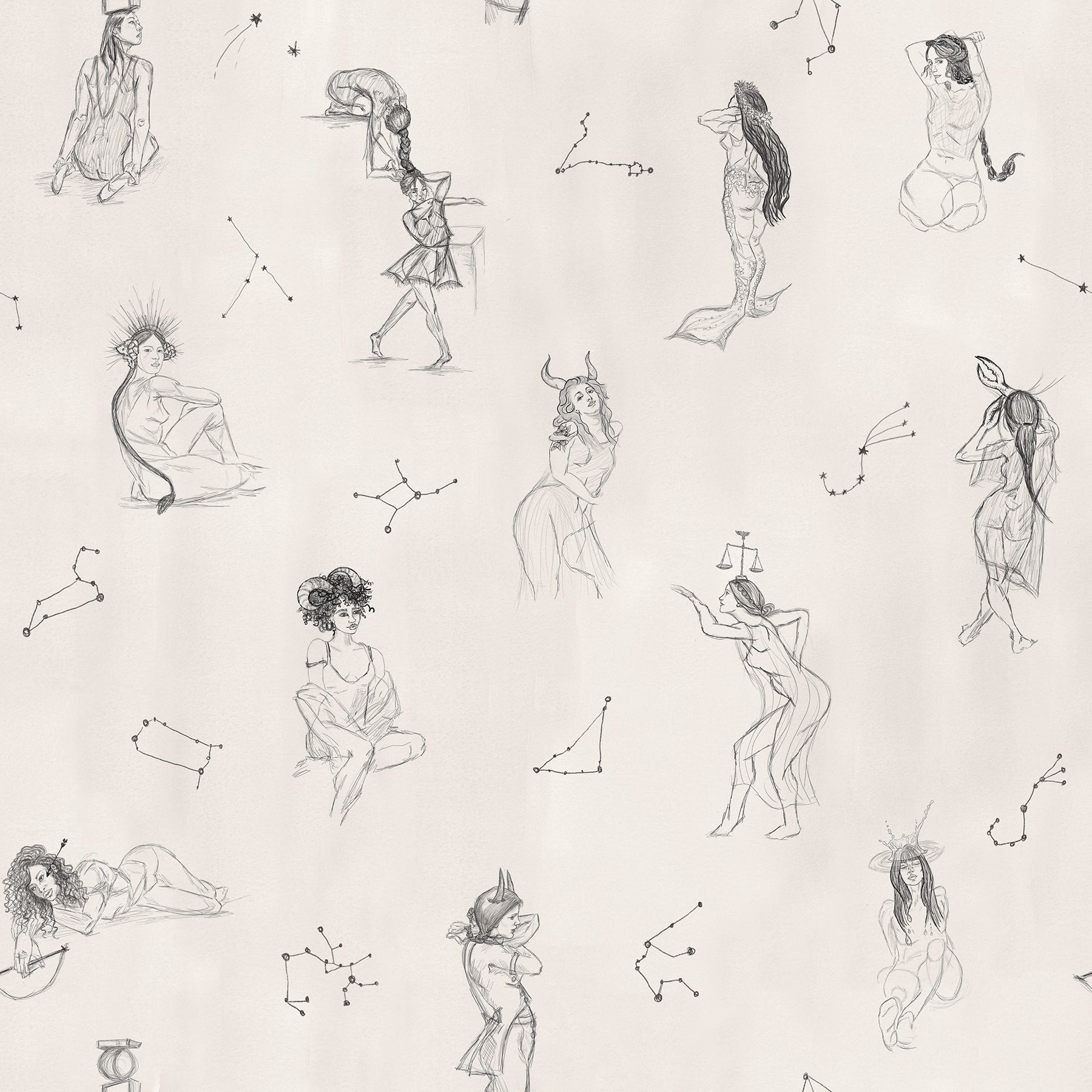 Mr. Kate Luna Zodiac Toile Peel and Stick Wallpaper Peel and Stick Wallpaper RoomMates Roll Cream & Graphite 