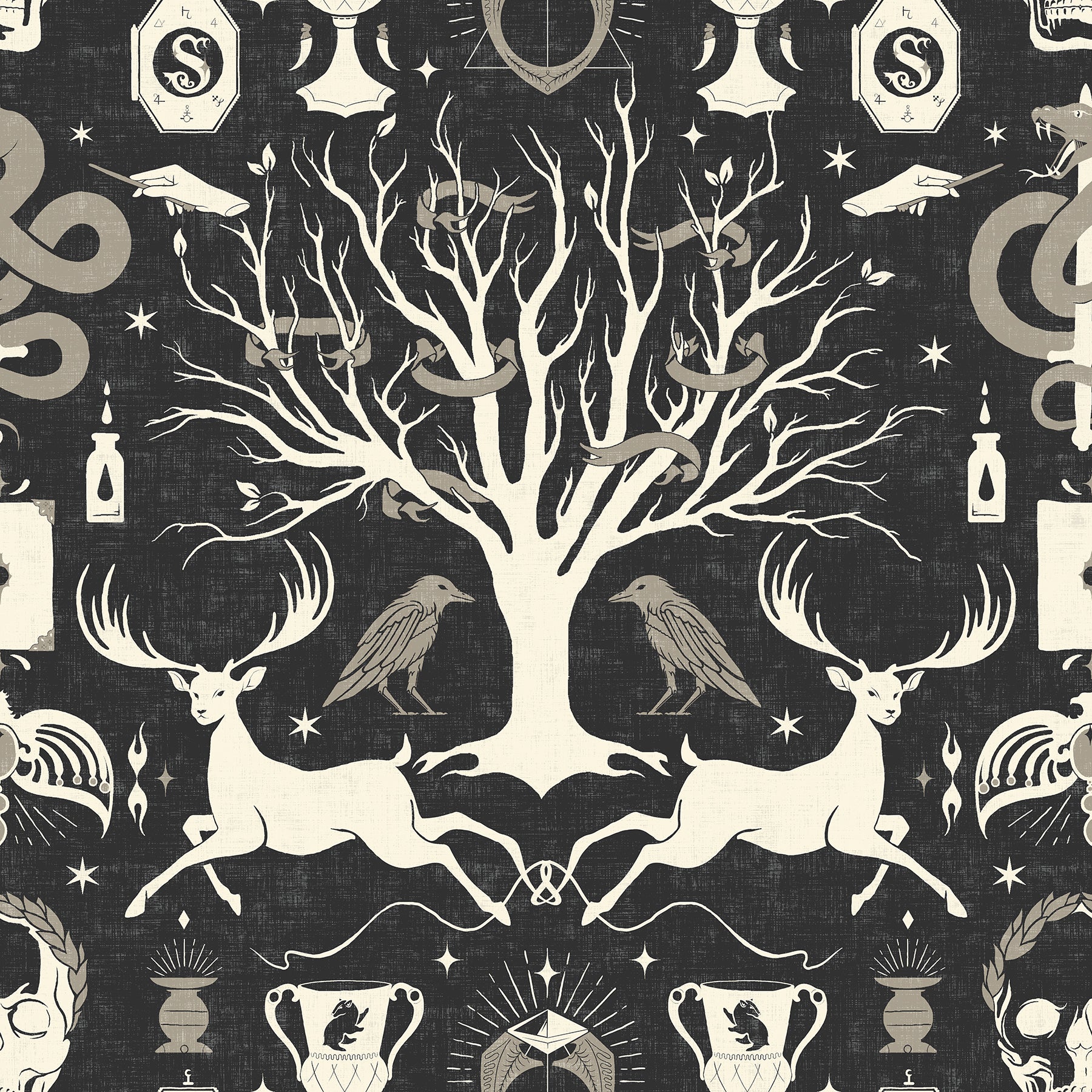 Harry Potter Horcrux Damask Peel and Stick Wallpaper Peel and Stick Wallpaper RoomMates Roll Black 
