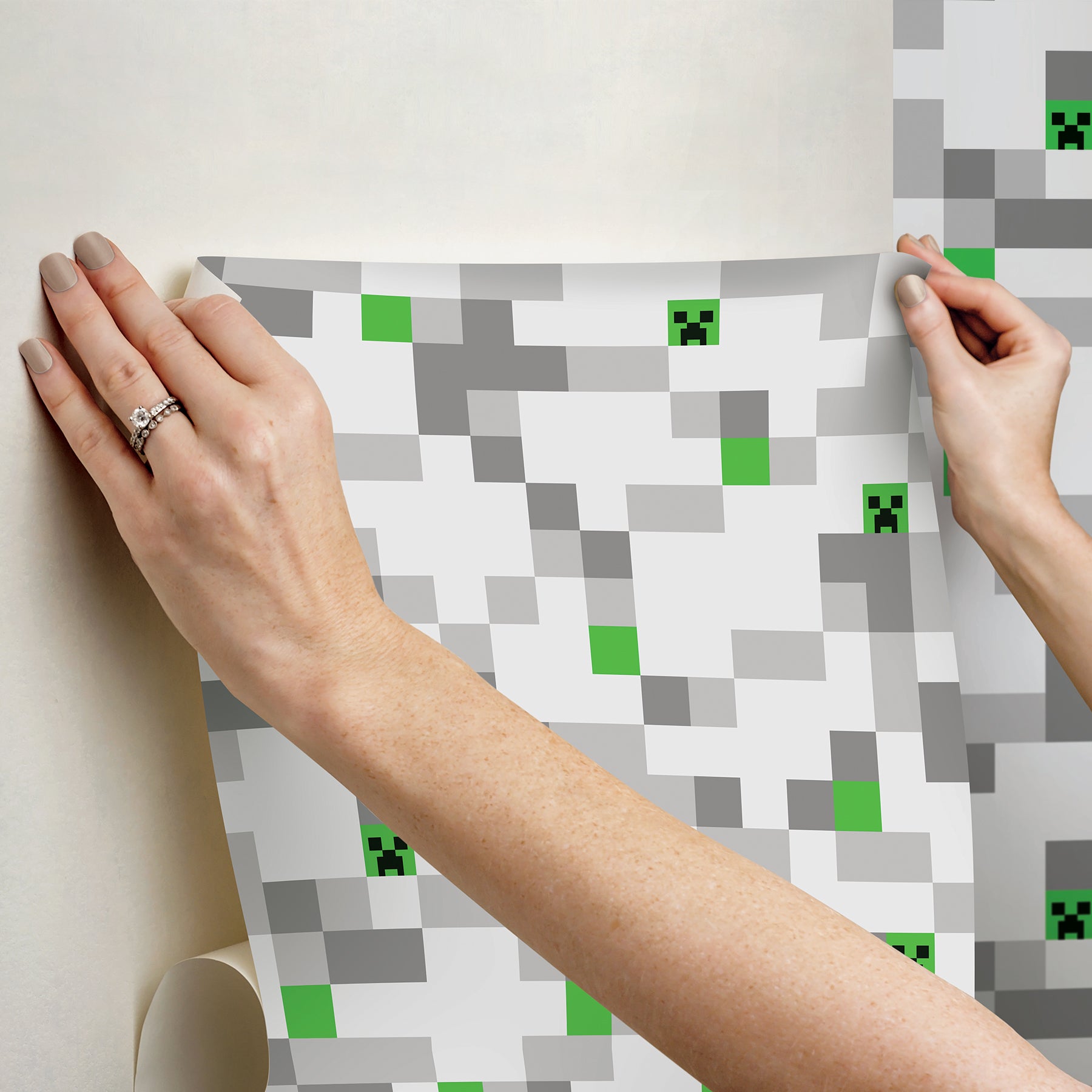 Minecraft Grey Pixel Creeper Peel & Stick Wallpaper Peel and Stick Wallpaper RoomMates   