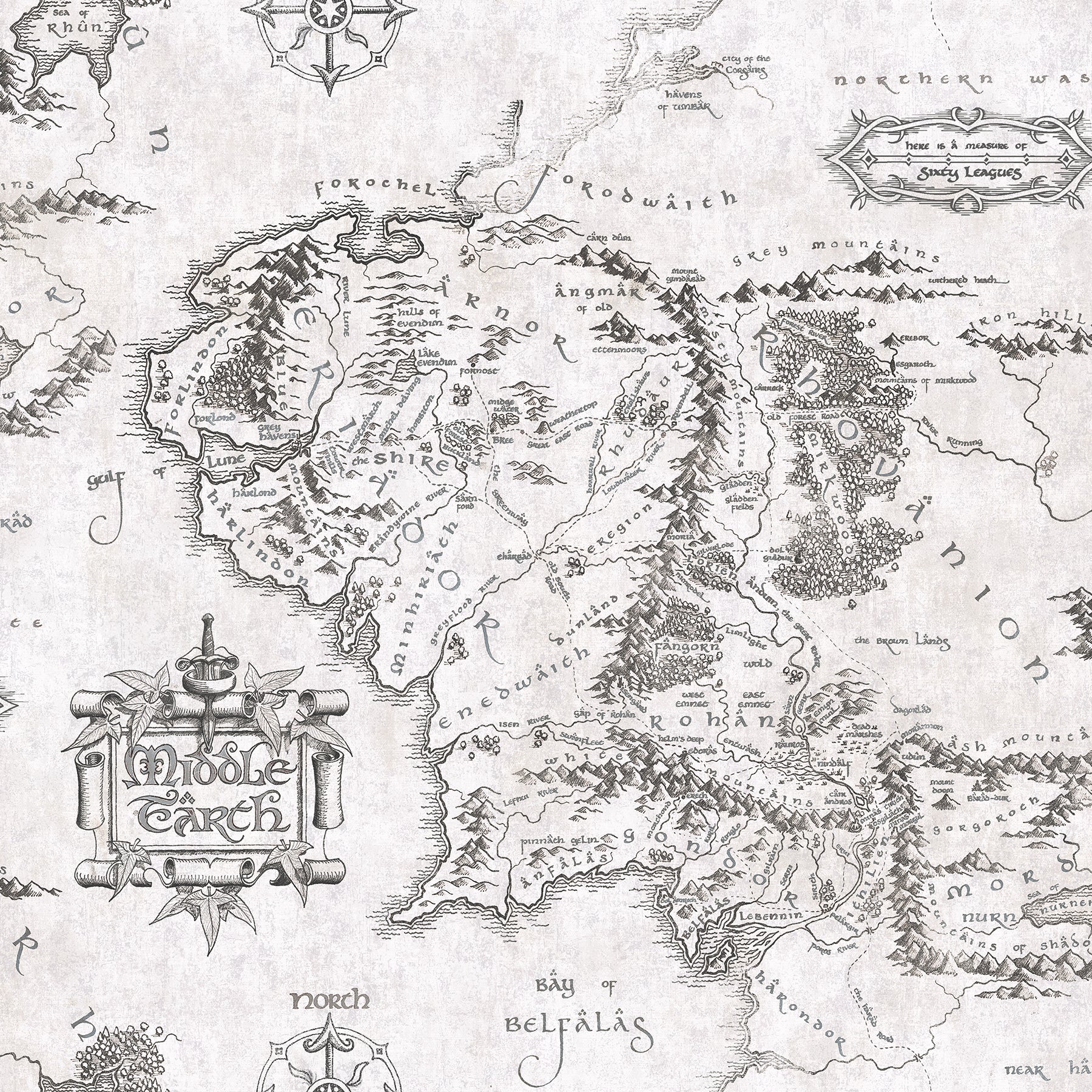 Lord of the Rings Middle Earth Map Peel & Stick Wallpaper Peel and Stick Wallpaper RoomMates Roll Black 
