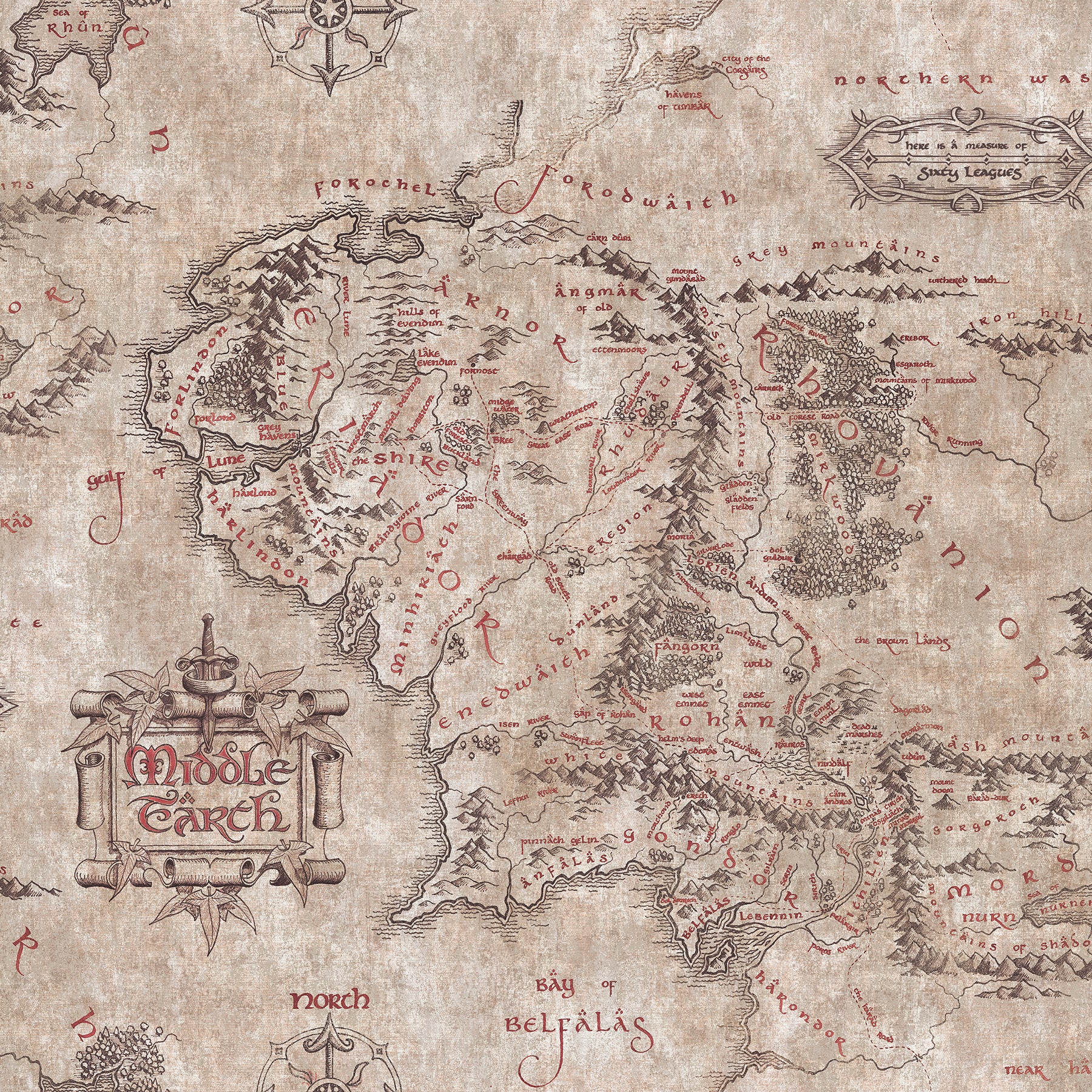 Lord of the Rings Middle Earth Map Peel & Stick Wallpaper Peel and Stick Wallpaper RoomMates Roll Brown 