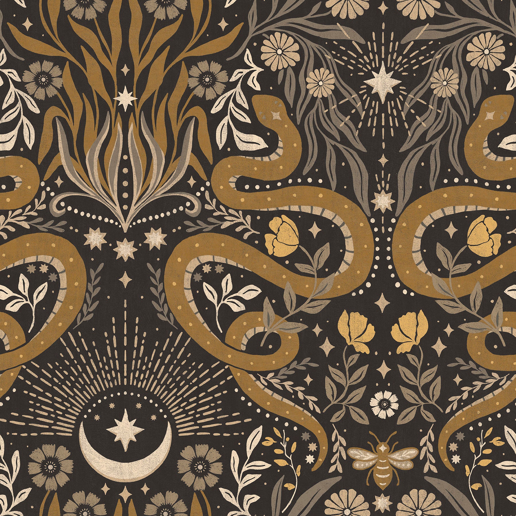 Mystic Serpent Peel & Stick Wallpaper Peel and Stick Wallpaper RoomMates Roll Black Gold 