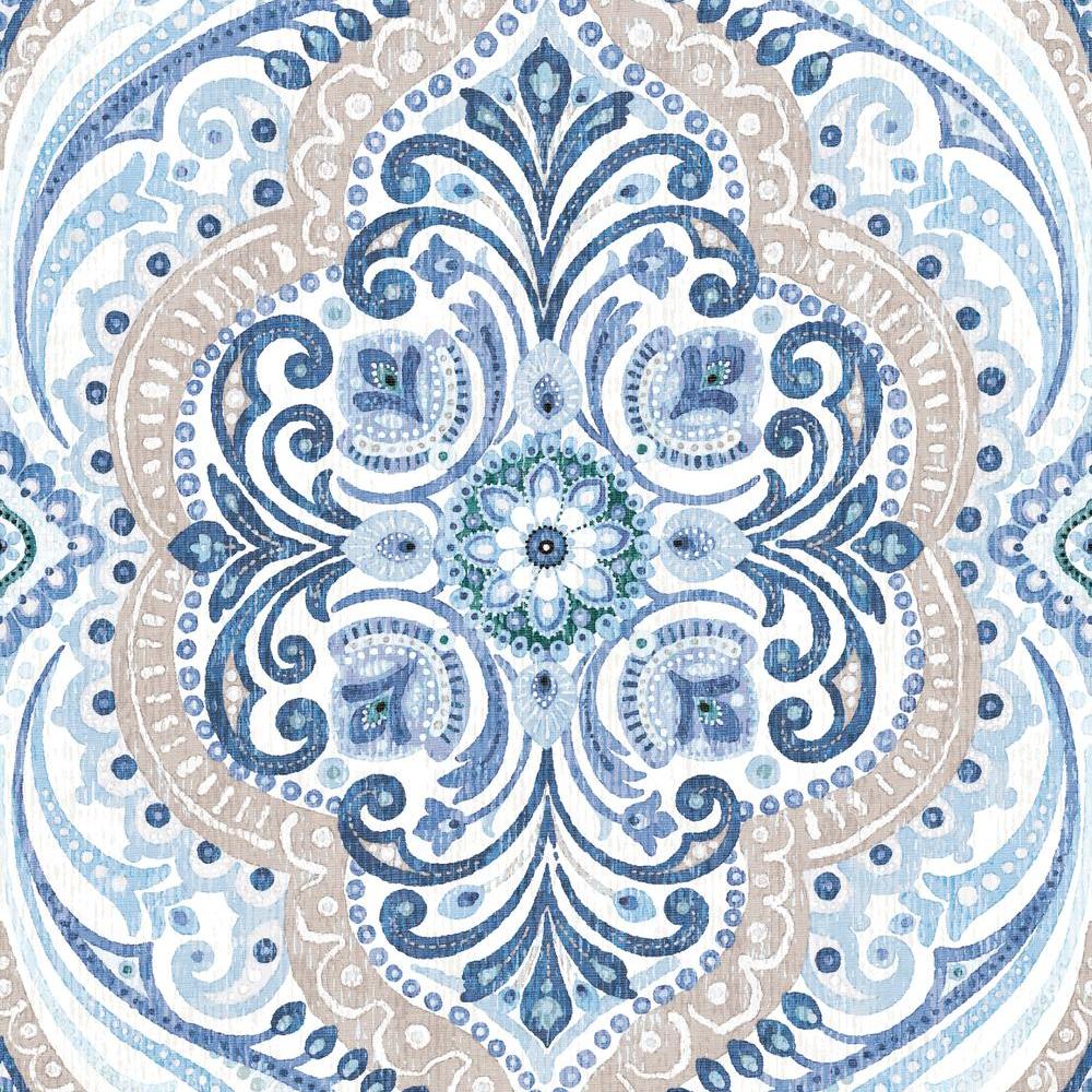 Bohemian Damask Peel and Stick Wallpaper Peel and Stick Wallpaper RoomMates Roll Blue 