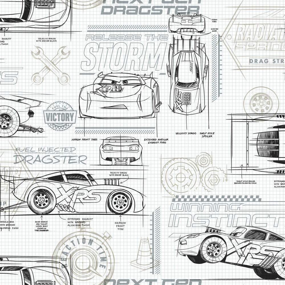 Disney and Pixar Cars Schematic Peel and Stick Wallpaper Peel and Stick Wallpaper RoomMates Roll Grey 