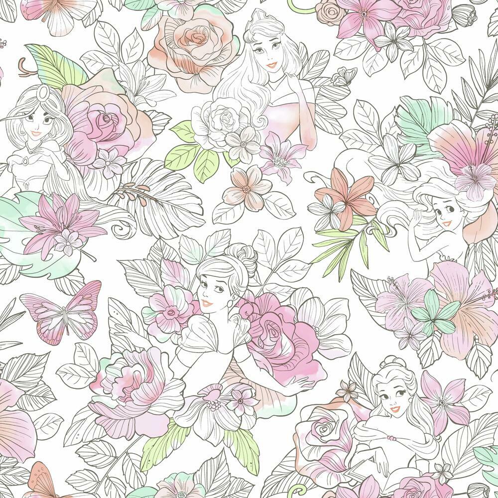 Disney Princess Royal Floral Peel and Stick Wallpaper Peel and Stick Wallpaper RoomMates Roll Pink 