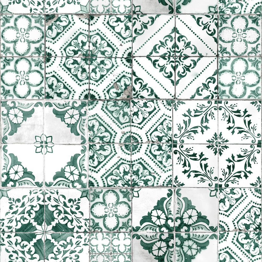 Mediterranean Tile Peel and Stick Wallpaper Peel and Stick Wallpaper RoomMates Roll Teal 