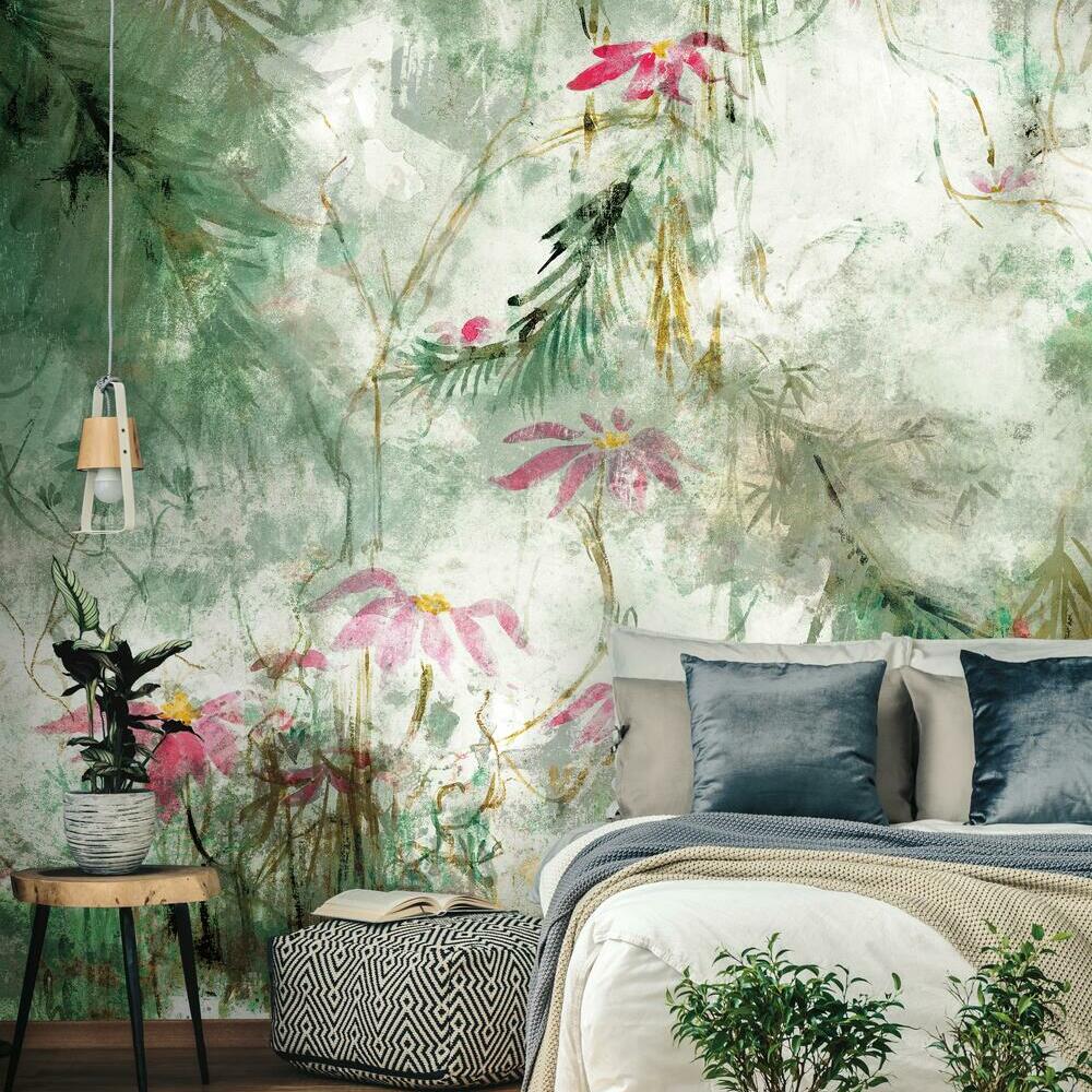 Jungle Lily Peel and Stick Mural Wall Murals RoomMates Mural Green 