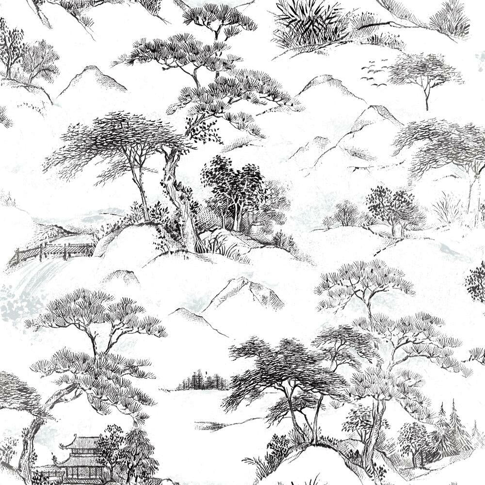 Oriental Toile Peel and Stick Wallpaper Peel and Stick Wallpaper RoomMates Sample Black