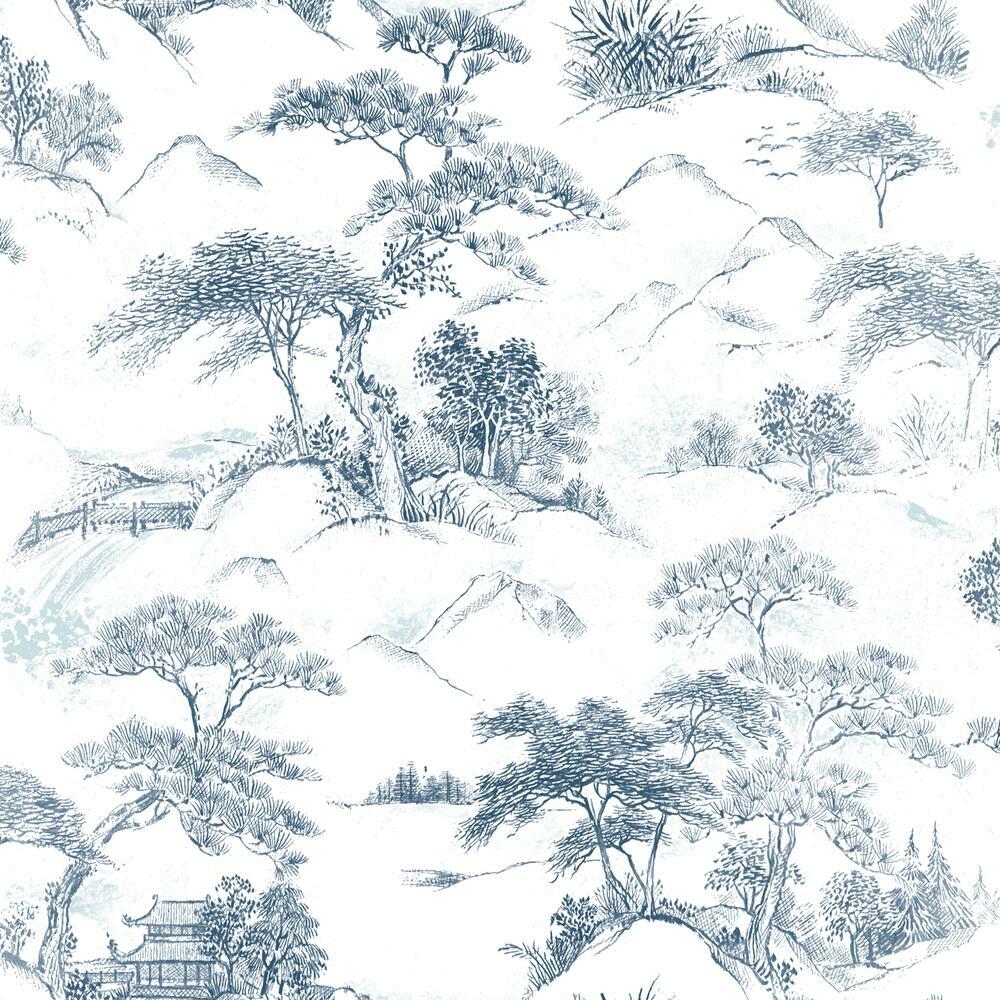 Oriental Toile Peel and Stick Wallpaper Peel and Stick Wallpaper RoomMates Roll Blue 