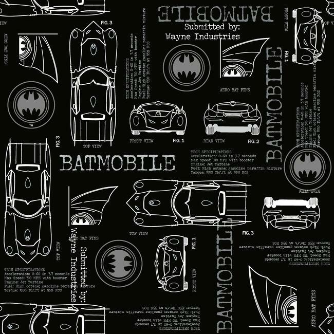 Batmobile Blueprint Peel And Stick Wallpaper Peel and Stick Wallpaper RoomMates Roll Black 