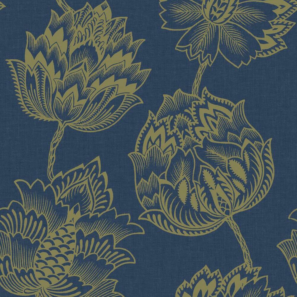 Batik Jacobean Peel and Stick Wallpaper Peel and Stick Wallpaper RoomMates Roll Navy/Metallic Gold 