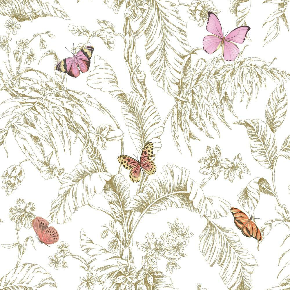 Butterfly Sketch Peel and Stick Wallpaper Peel and Stick Wallpaper RoomMates Roll Pink with Metallic 