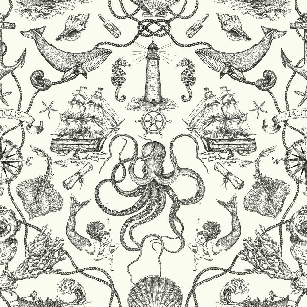 Deep Sea Toile Peel and Stick Wallpaper Peel and Stick Wallpaper RoomMates Roll Black 