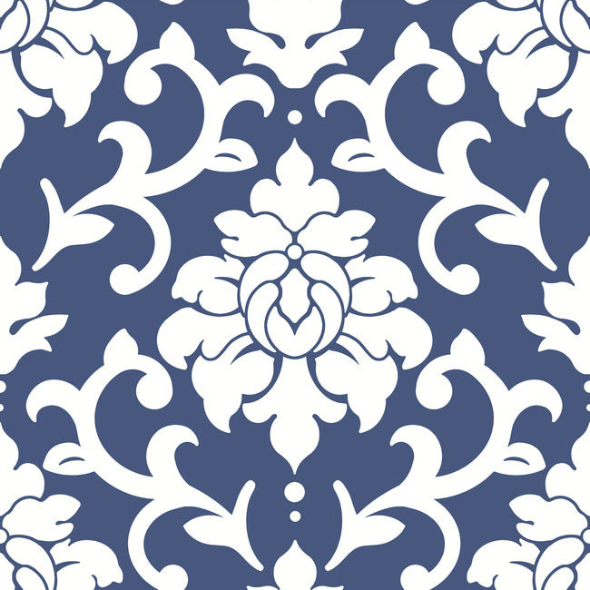 Damask Peel & Stick Wallpaper Peel and Stick Wallpaper RoomMates Roll Indigo 
