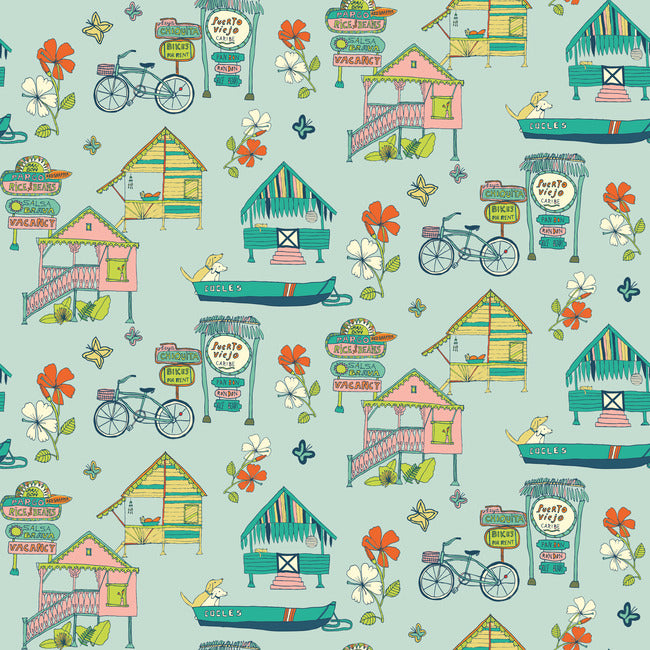 Holalola Caribbean Peel & Stick Wallpaper Peel and Stick Wallpaper RoomMates Roll Teal 