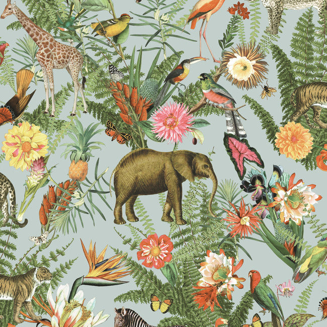 Tropical Zoo Peel & Stick Wallpaper Peel and Stick Wallpaper RoomMates Roll Blue 