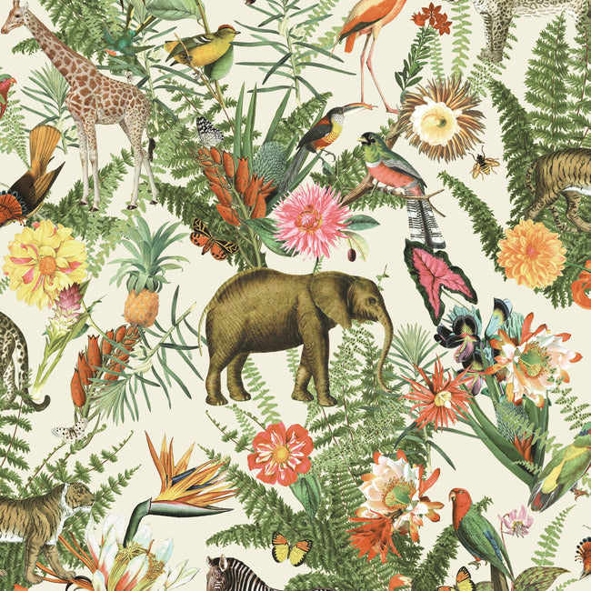 Tropical Zoo Peel & Stick Wallpaper Peel and Stick Wallpaper RoomMates Roll Green 