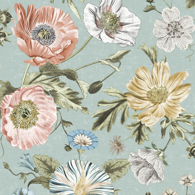 Vintage Poppy Peel & Stick Wallpaper Peel and Stick Wallpaper RoomMates Roll Blue 
