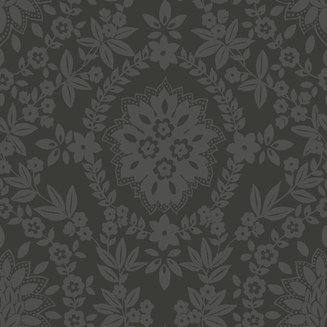 Boho Baroque Damask Peel & Stick Wallpaper Peel and Stick Wallpaper RoomMates Roll Black 