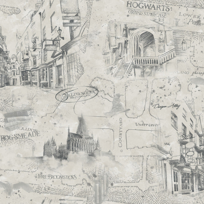 Harry Potter Map Peel and Stick Wallpaper Peel and Stick Wallpaper RoomMates Roll Taupe 