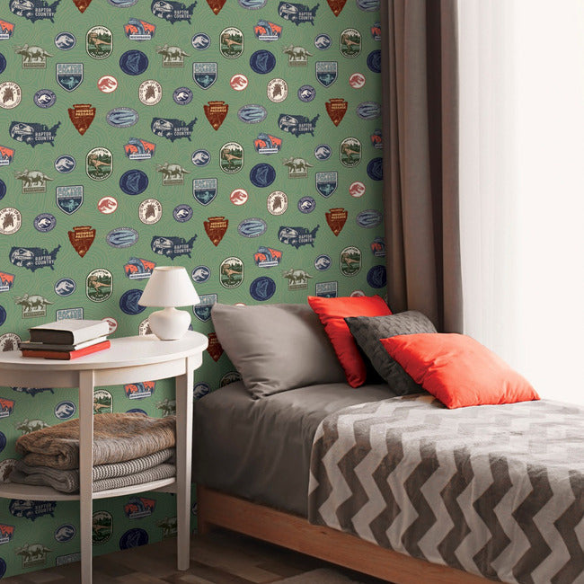 Jurassic World Badges Peel & Stick Wallpaper Peel and Stick Wallpaper RoomMates   