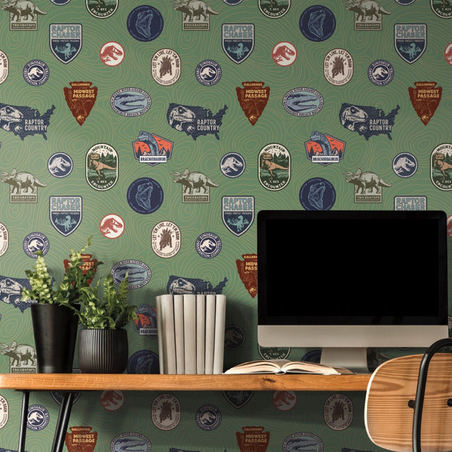 Jurassic World Badges Peel & Stick Wallpaper Peel and Stick Wallpaper RoomMates   