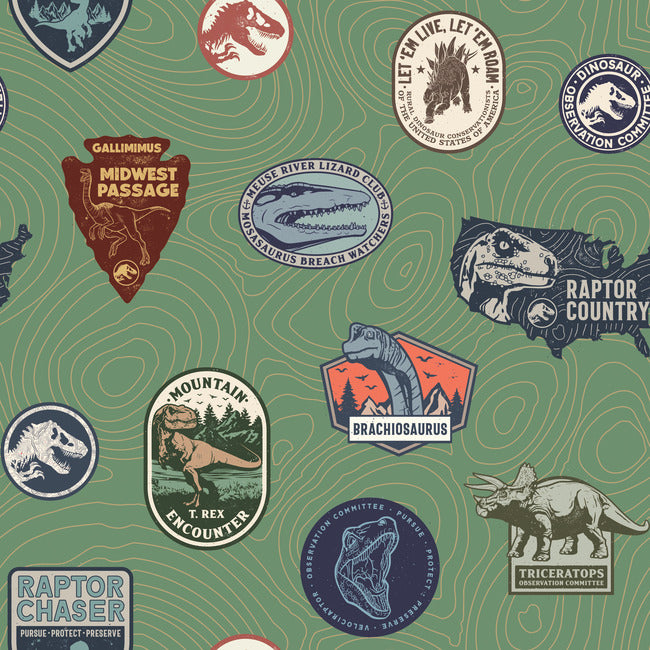 Jurassic World Badges Peel & Stick Wallpaper Peel and Stick Wallpaper RoomMates Roll Green 