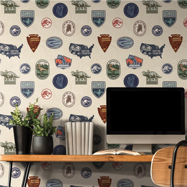 Jurassic World Badges Peel & Stick Wallpaper Peel and Stick Wallpaper RoomMates   