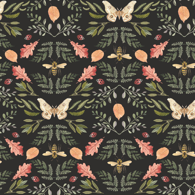 Penny Lane: Forest Cottage Bee And Butterfly Peel and Stick Wallpaper Peel and Stick Wallpaper RoomMates Roll Black 