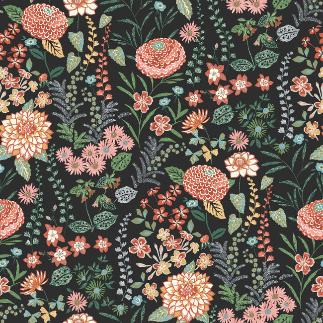 Waverly Fiona Floral Peel & Stick Wallpaper Peel and Stick Wallpaper RoomMates Roll Black 