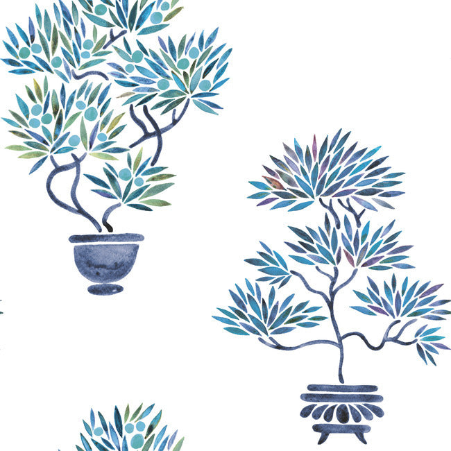 Cat Coquillette Bonsai Peel & Stick Wallpaper Peel and Stick Wallpaper RoomMates Roll Blue 