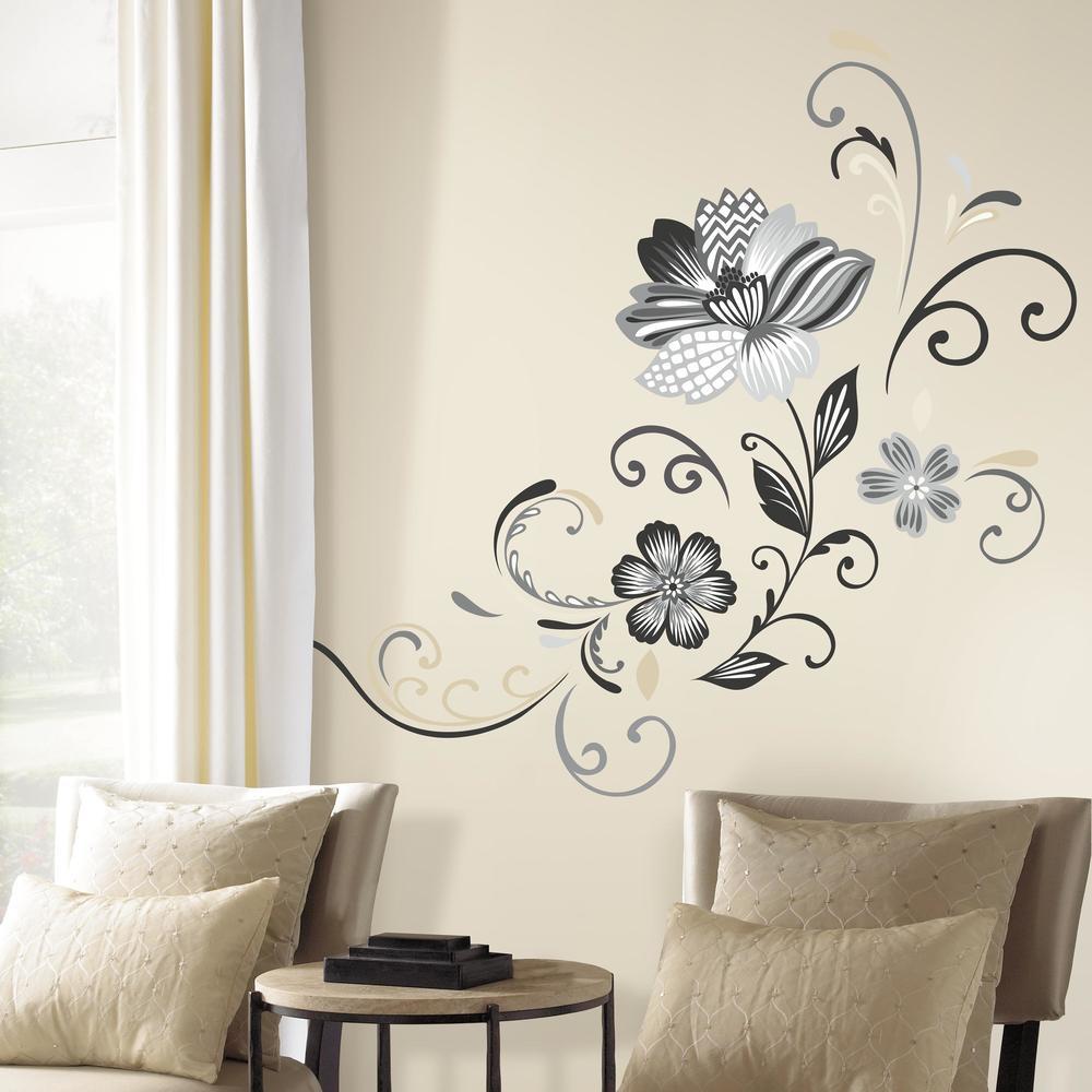 Black and White Flower Scroll Peel and Stick Giant Wall Decals Wall Decals RoomMates   