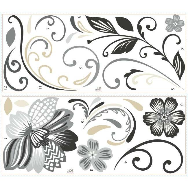 Black and White Flower Scroll Peel and Stick Giant Wall Decals Wall Decals RoomMates   