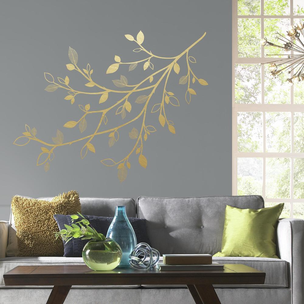 Gold Branch Peel and Stick Giant Wall Decals with 3D Leaves Wall Decals RoomMates   