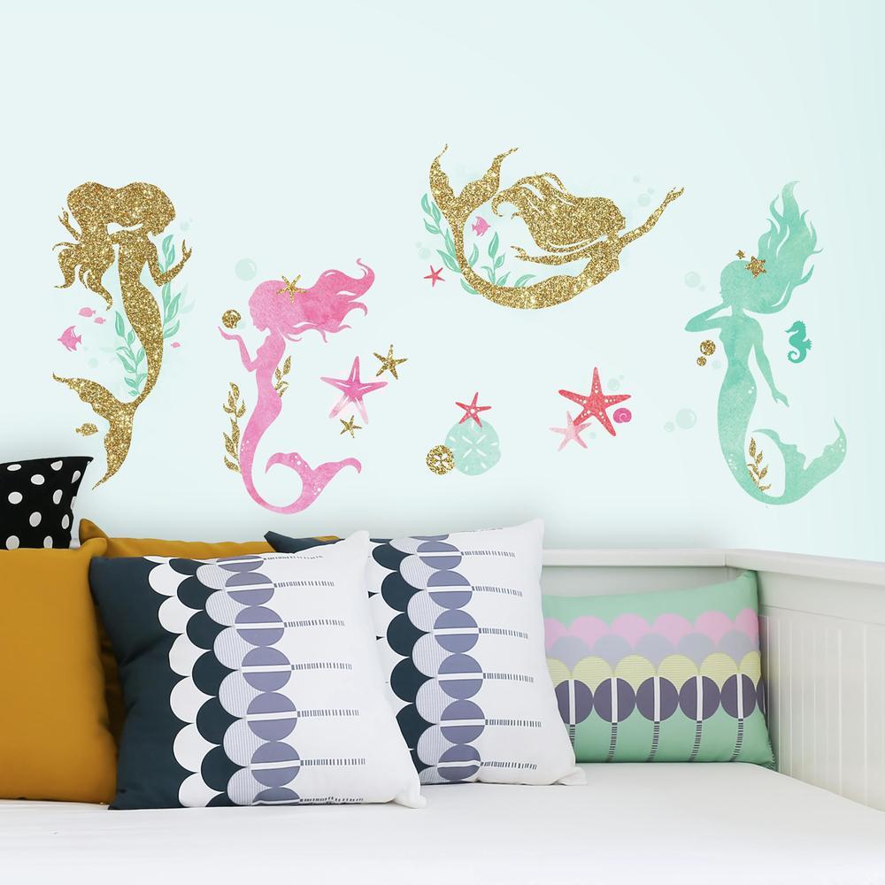 Mermaid Peel and Stick Wall Decals with Glitter Wall Decals RoomMates   
