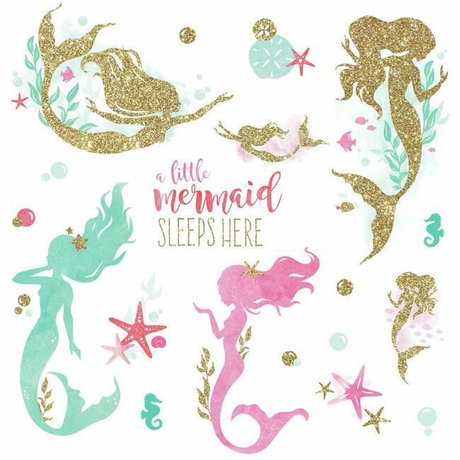 Mermaid Peel and Stick Wall Decals with Glitter Wall Decals RoomMates   