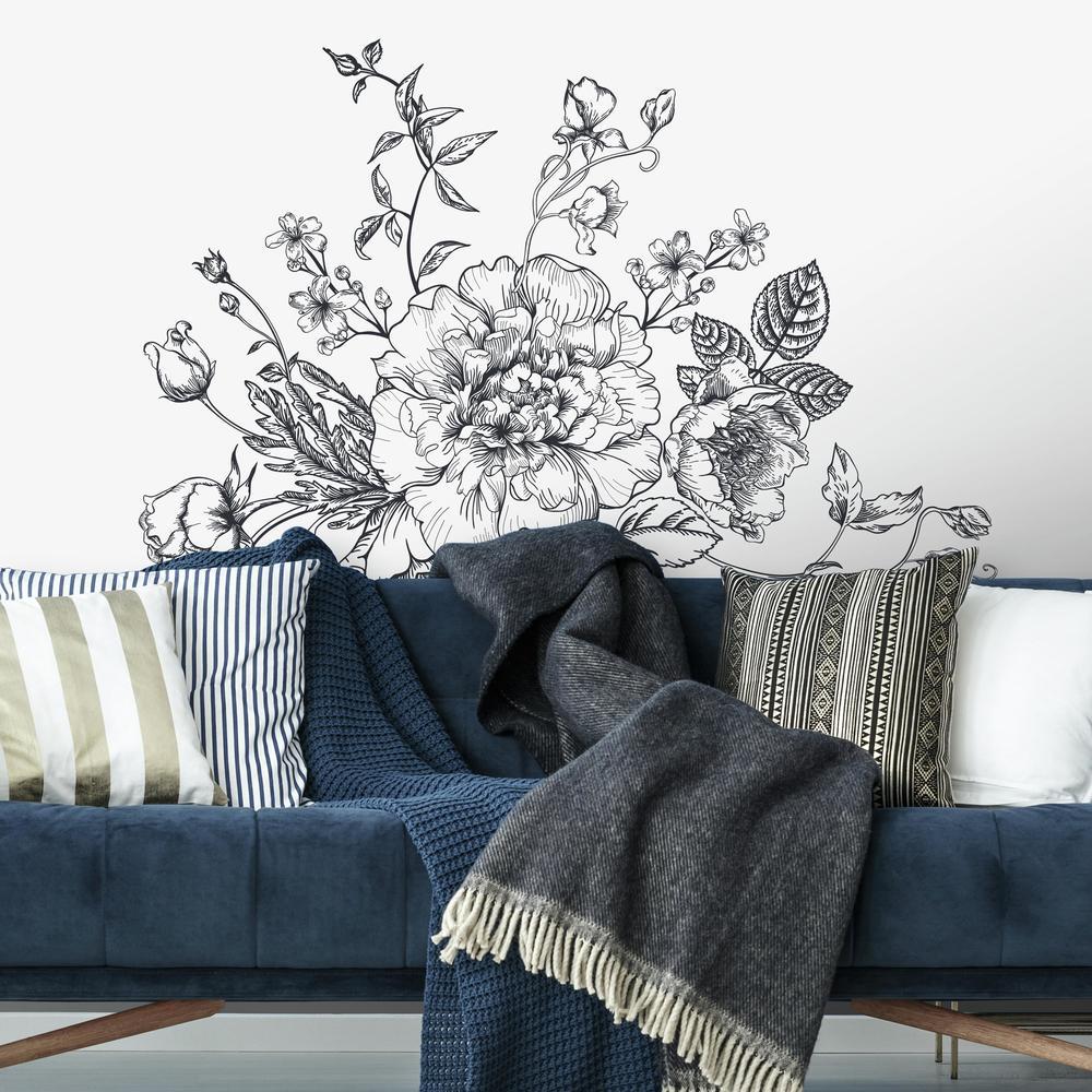 Black and White Peony Peel and Stick Giant Wall Decals Wall Decals RoomMates   