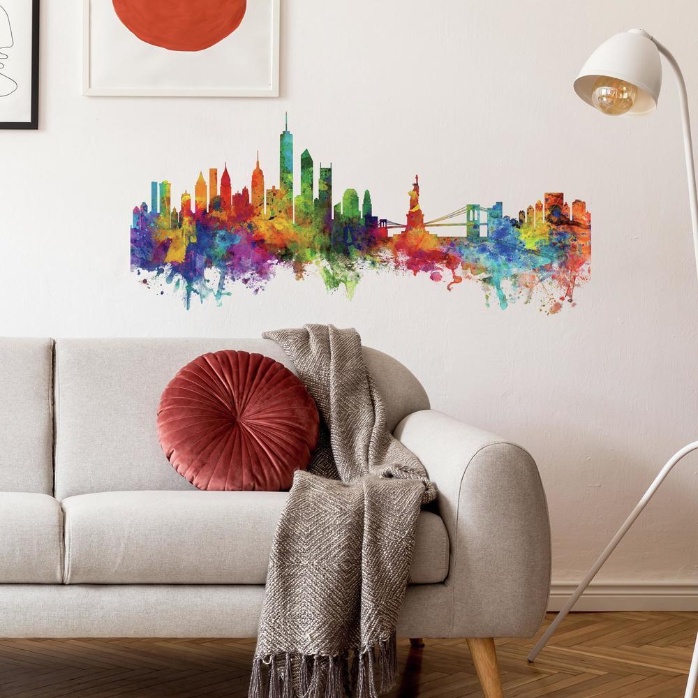 New York City Watercolor Skyline Peel and Stick Giant Wall Decals Wall Decals RoomMates   