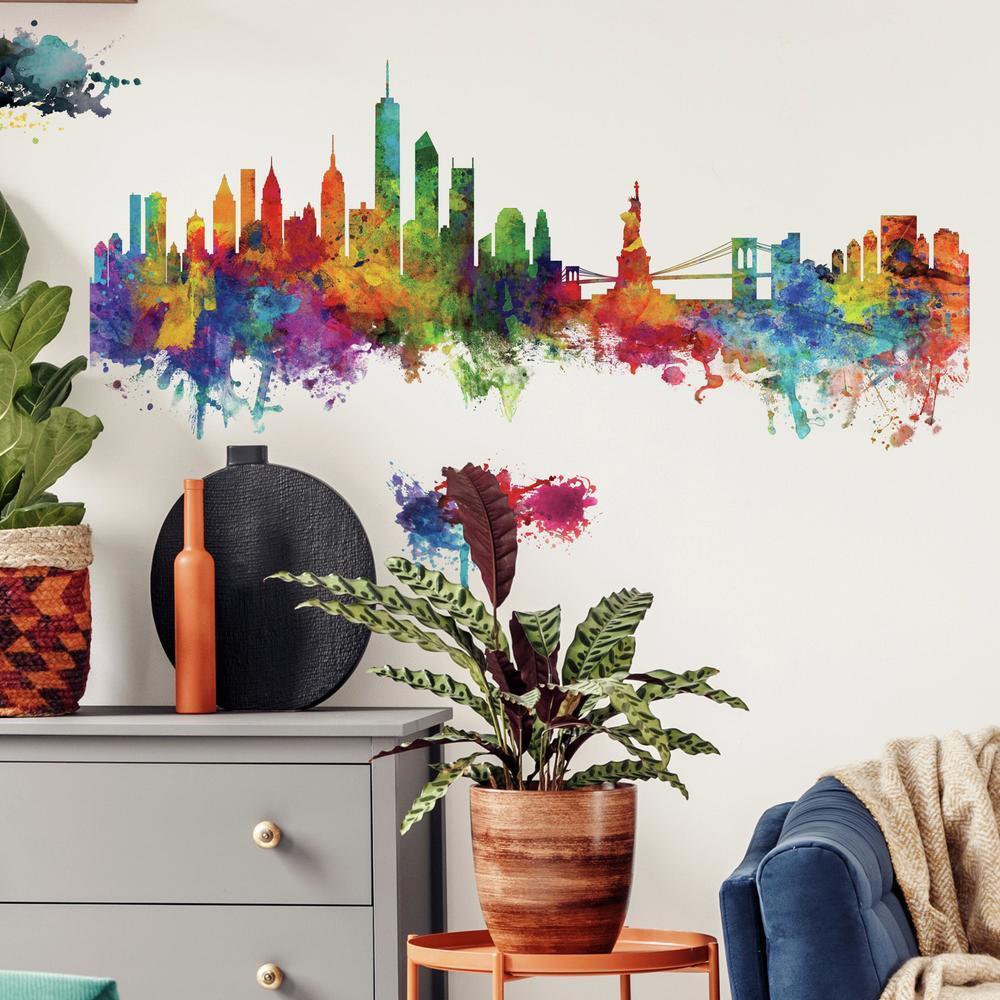 New York City Watercolor Skyline Peel and Stick Giant Wall Decals Wall Decals RoomMates   
