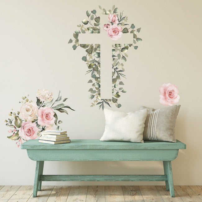 Watercolor Floral Cross Giant Peel & Stick Wall Decals Wall Decals RoomMates   