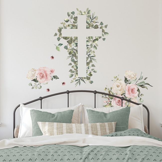 Watercolor Floral Cross Giant Peel & Stick Wall Decals Wall Decals RoomMates   