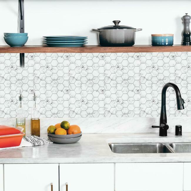 Carrara Marble Hexagon Peel and Stick Backsplash Peel and Stick Backsplash RoomMates   