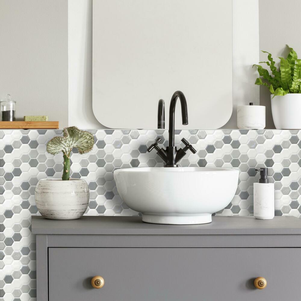 Gray Hexagon Tile Peel and Stick Backsplash Peel and Stick Backsplash RoomMates   
